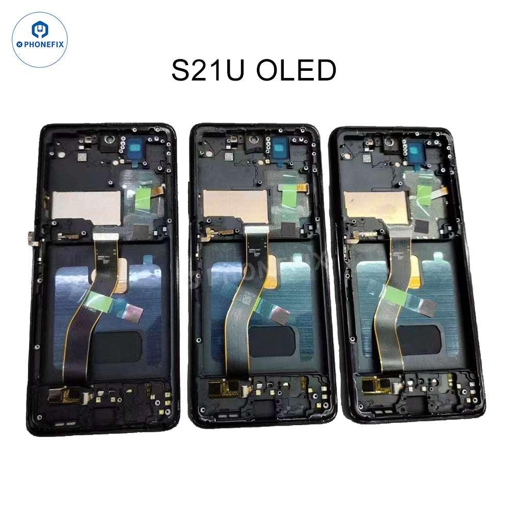 Samsung Galaxy S21 Ultra OLED screen assembly with frame replacement parts, showing the new phone screen and frame.