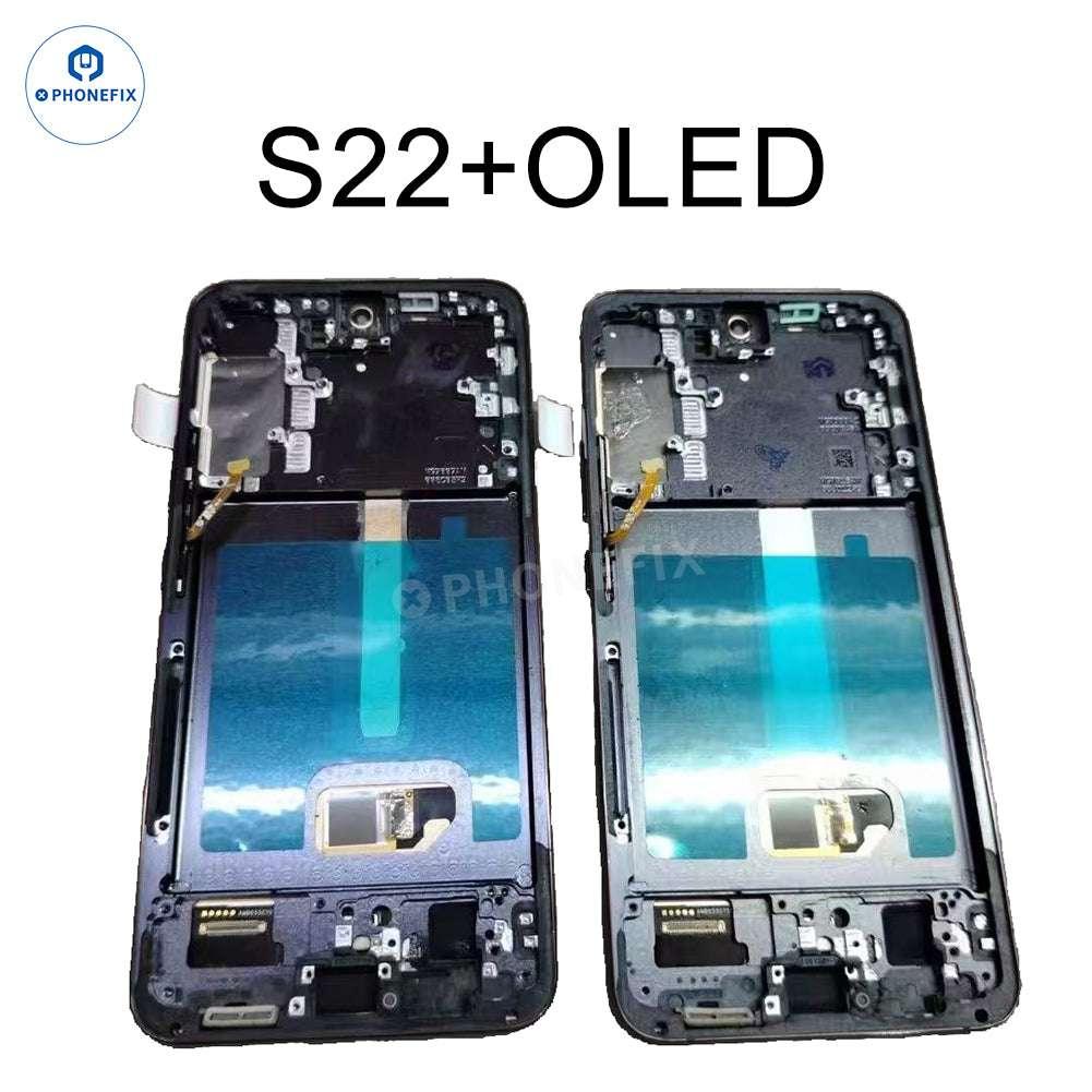Samsung Galaxy S22 OLED screen assembly with frame, phone screen replacement parts by PHONEFIX, showing the assembly and frame details.