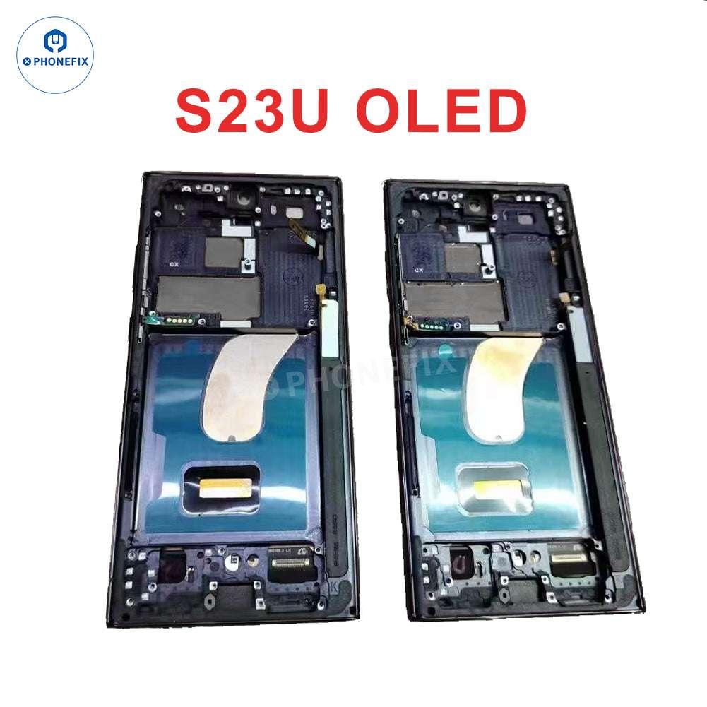Samsung Galaxy S23 Ultra OLED screen assembly with frame replacement, showing the black screen and frame detail for phone repair.