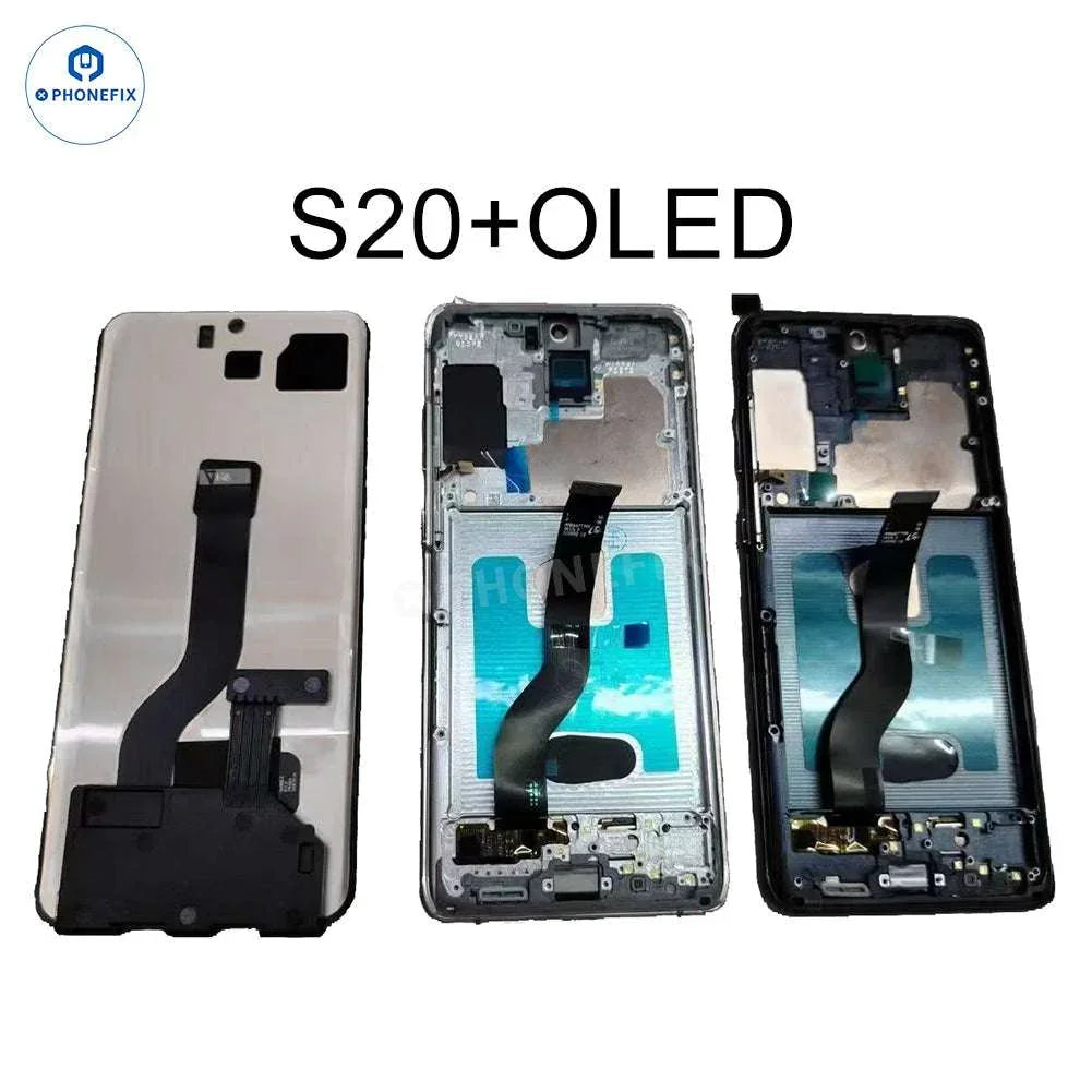 Samsung Galaxy S20 OLED screen assembly with frame for phone screen replacement by PHONEFIX, showing the assembled display and frame.