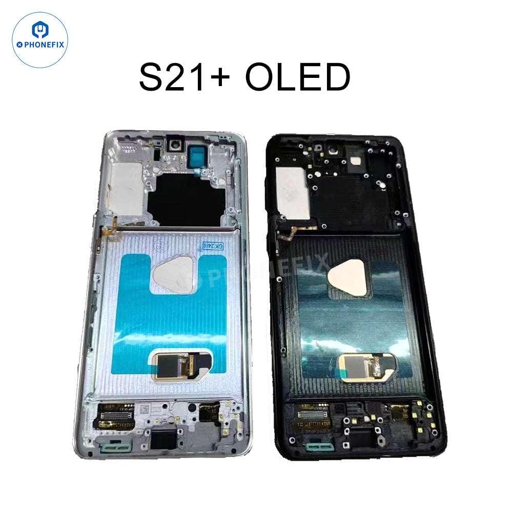 Samsung Galaxy S21 OLED screen assembly with frame replacement parts, showing the phone's display and frame components.
