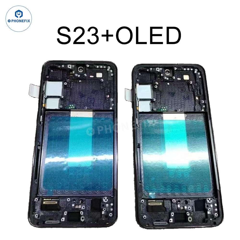 Samsung Galaxy S23 OLED screen assembly with frame replacement parts, showing the phone's display and frame components.