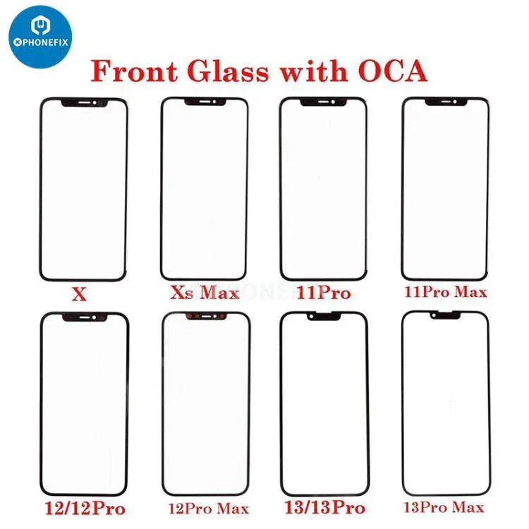 PhoneFIX iPhone X to 17 Pro Max screen replacement with front glass and OCA film, showing the assembled phone screen and components.