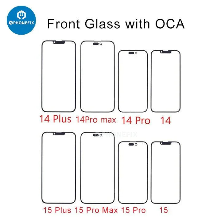 PhoneFIX iPhone X to 17 Pro Max screen replacement with front glass and OCA film, showing assembled phone screen.