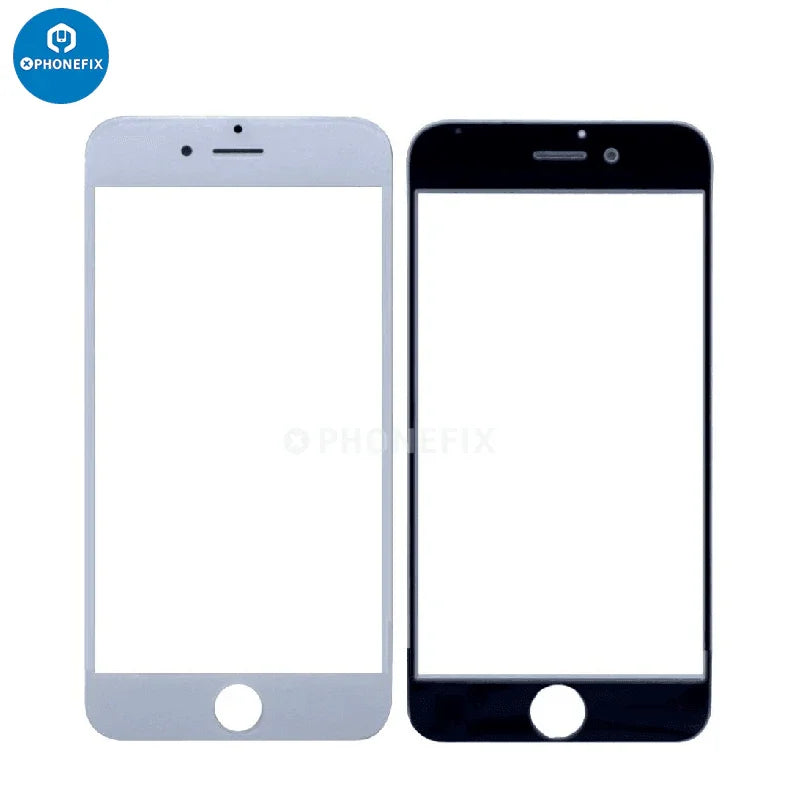 PhoneFIX iPhone X to 17 Pro Max screen replacement with front glass and OCA film, showing a clear phone display with adhesive layer.