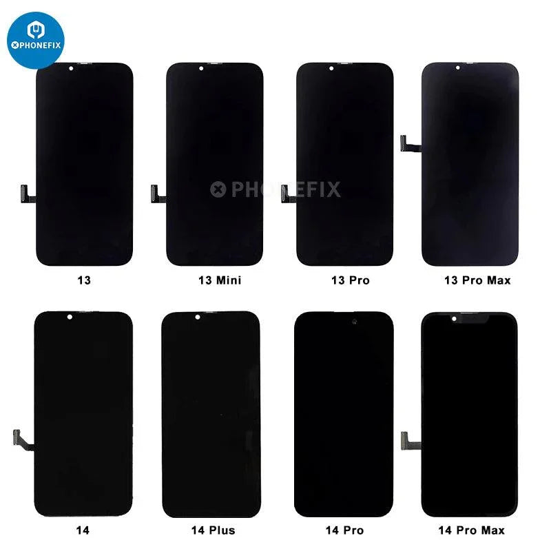 PhoneFIX iPhone OLED screen touch digitizer assembly replacement showing the new phone screen and digitizer components.