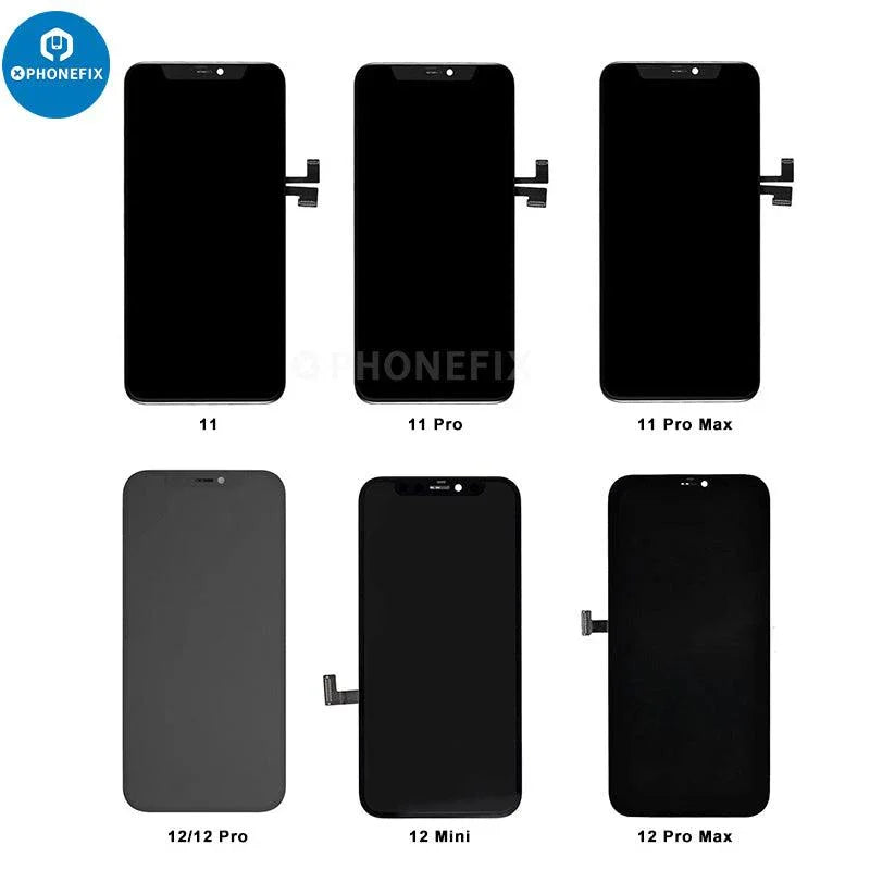 PhoneFIX iPhone OLED screen touch digitizer assembly replacement showing a new smartphone screen with digitizer and frame.