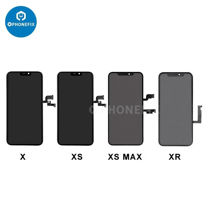 PHONEFIX iPhone OLED screen touch digitizer assembly replacement showing a refurbished phone screen with digitizer and touch frame.