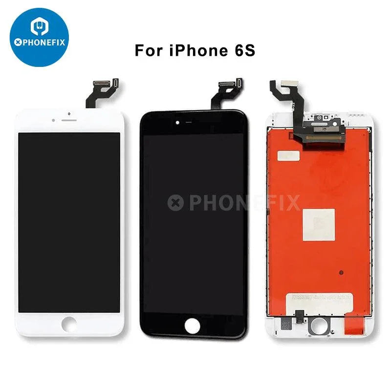 PHONEFIX iPhone display screen touch digitizer assembly replacement showing a new phone screen with digitizer and front glass.