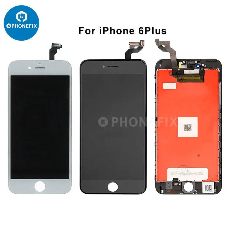 PHONEFIX iPhone display screen touch digitizer assembly replacement showing a new phone screen with touch interface and frame.