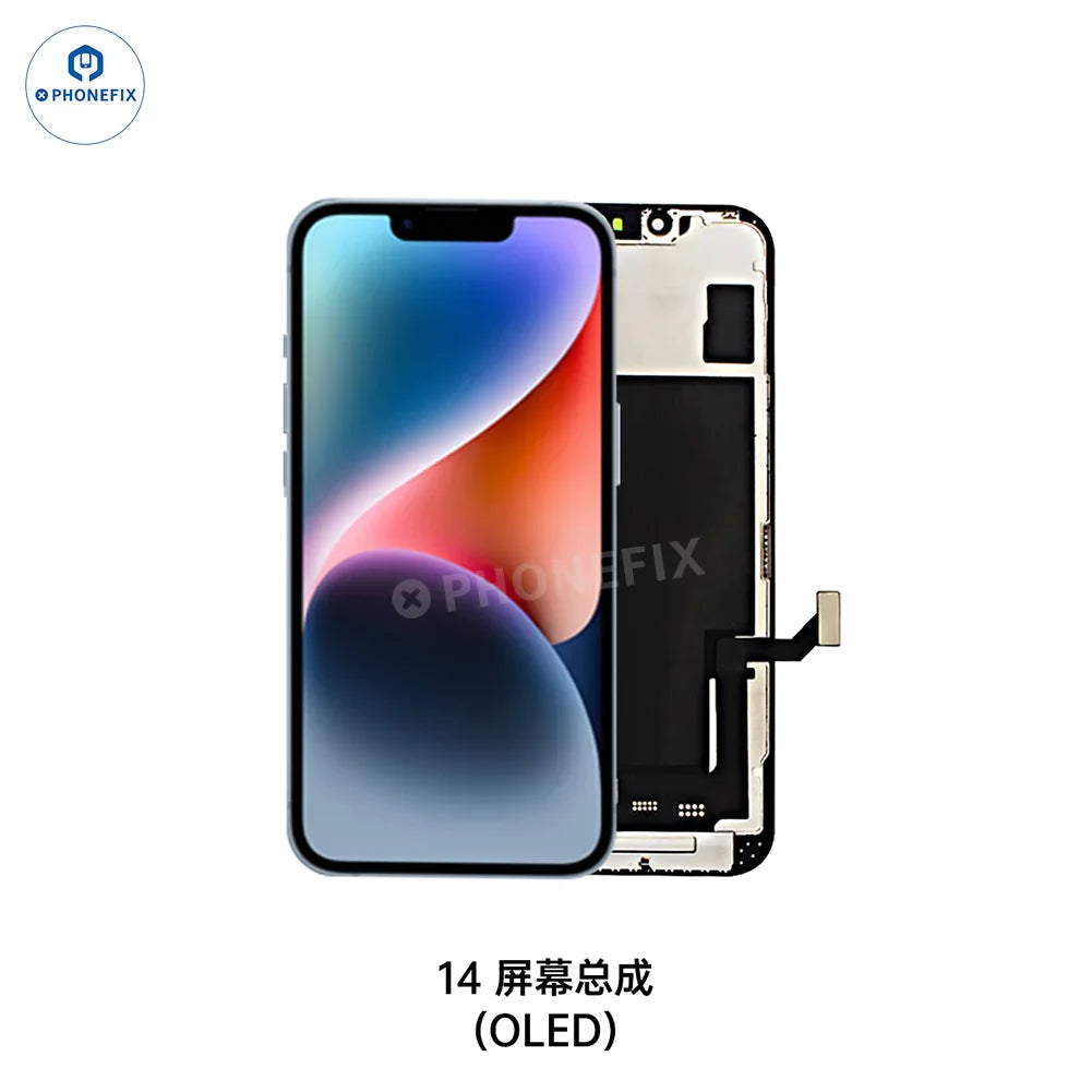 PhoneFix OLED screen assembly replacement for iPhone X to 16 Pro Max, showing the new phone screen with vibrant display.