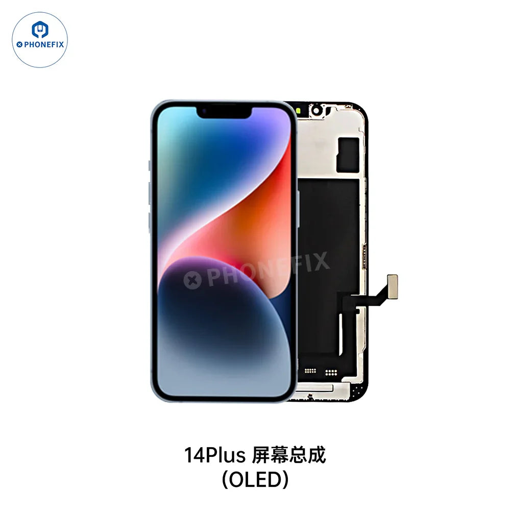 PHONEFIX OLED screen assembly replacement for iPhone X to 16 Pro Max, showing a close-up of the phone's high-quality OLED display.
