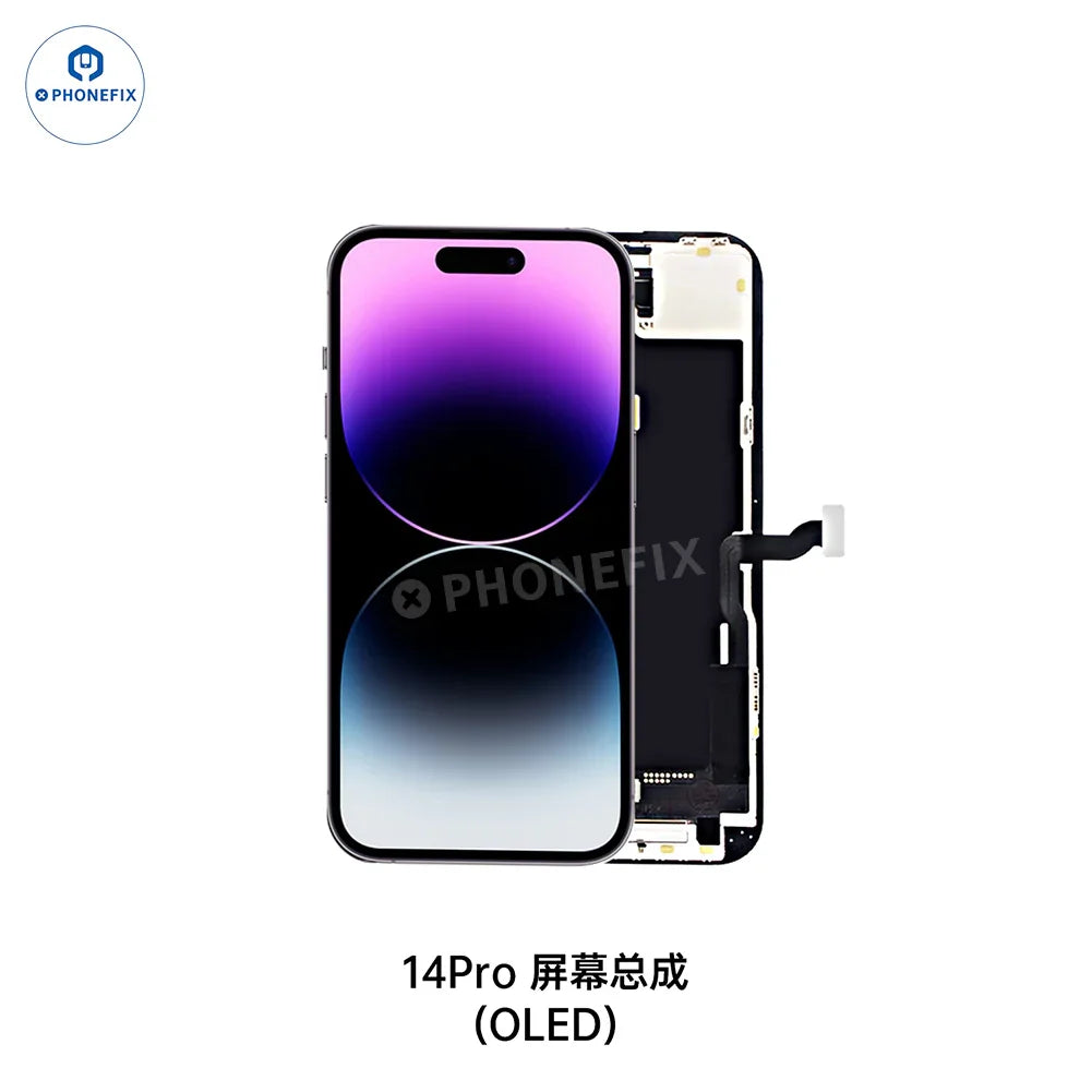 PHONEFIX iPhone X to 16 Pro Max OLED screen replacement assembly showing the new phone display with black bezels and vibrant OLED screen.