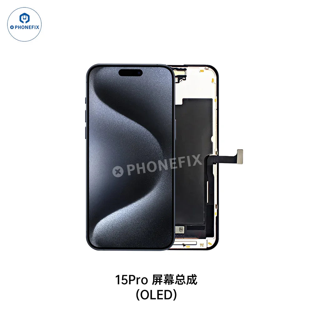 PHONEFIX iPhone X-16 Pro Max OLED screen replacement assembly showing a high-quality phone display with vibrant colors and sleek design.