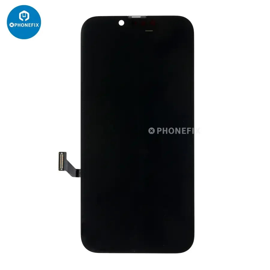 iPhone 14 Pro Max display screen assembly replacement by PHONEFIX, showing the LED digitizer and screen components.