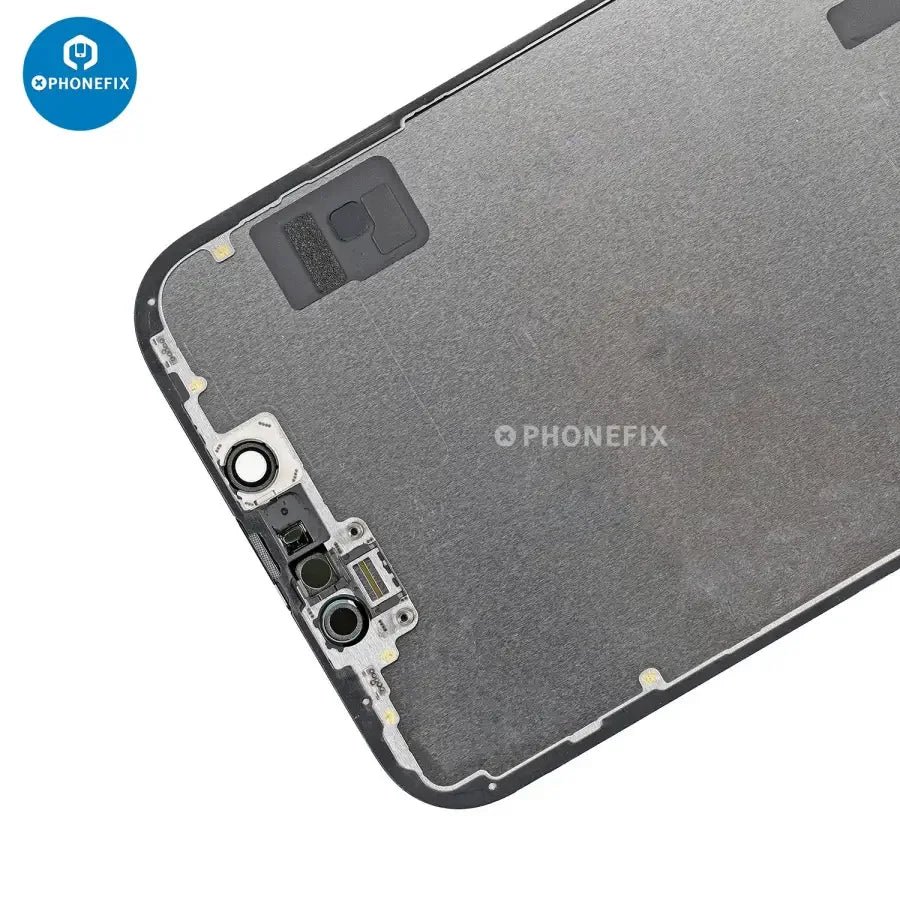 PHONEFIX iPhone 14 Pro Max display screen assembly replacement, showing the LED digitizer and new phone screen component.