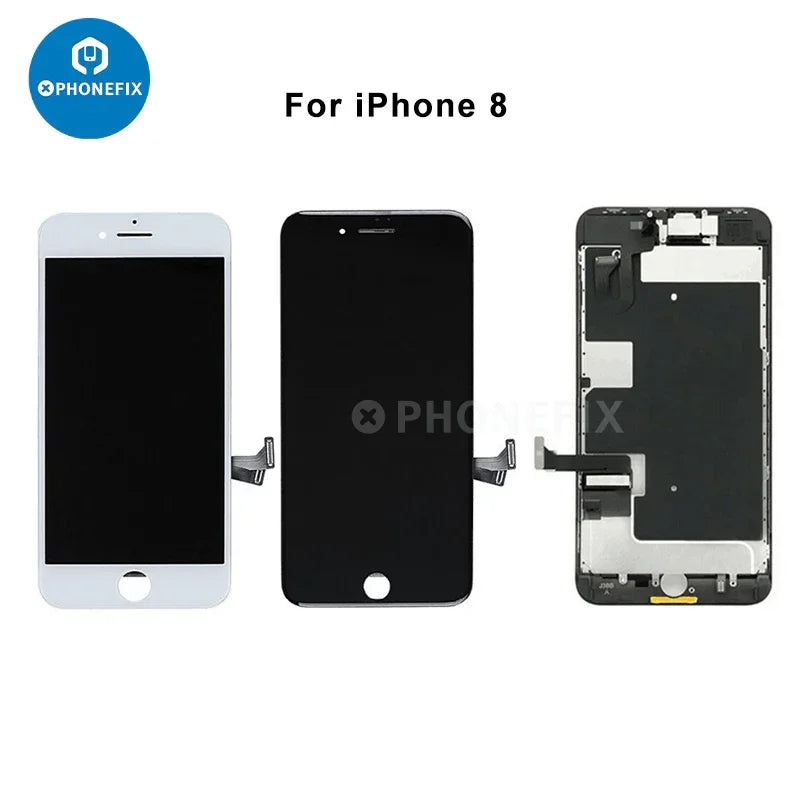 PHONEFIX iPhone 6-15 Pro Max display screen assembly replacement showing a new phone screen with digitizer and frame.