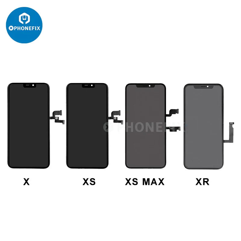 PHONEFIX iPhone 6-15 Pro Max display screen assembly replacement showing the new phone screen with digitizer and LCD attached.
