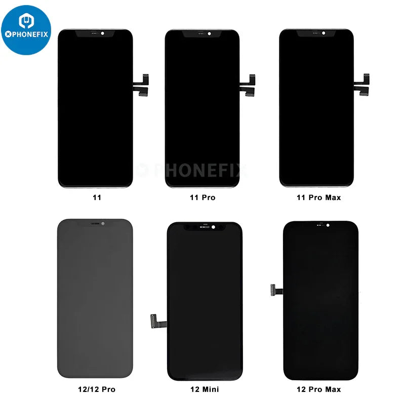 PhoneFIX iPhone 6-15 Pro Max display screen assembly replacement showing a new, high-quality phone screen with front glass and digitizer.