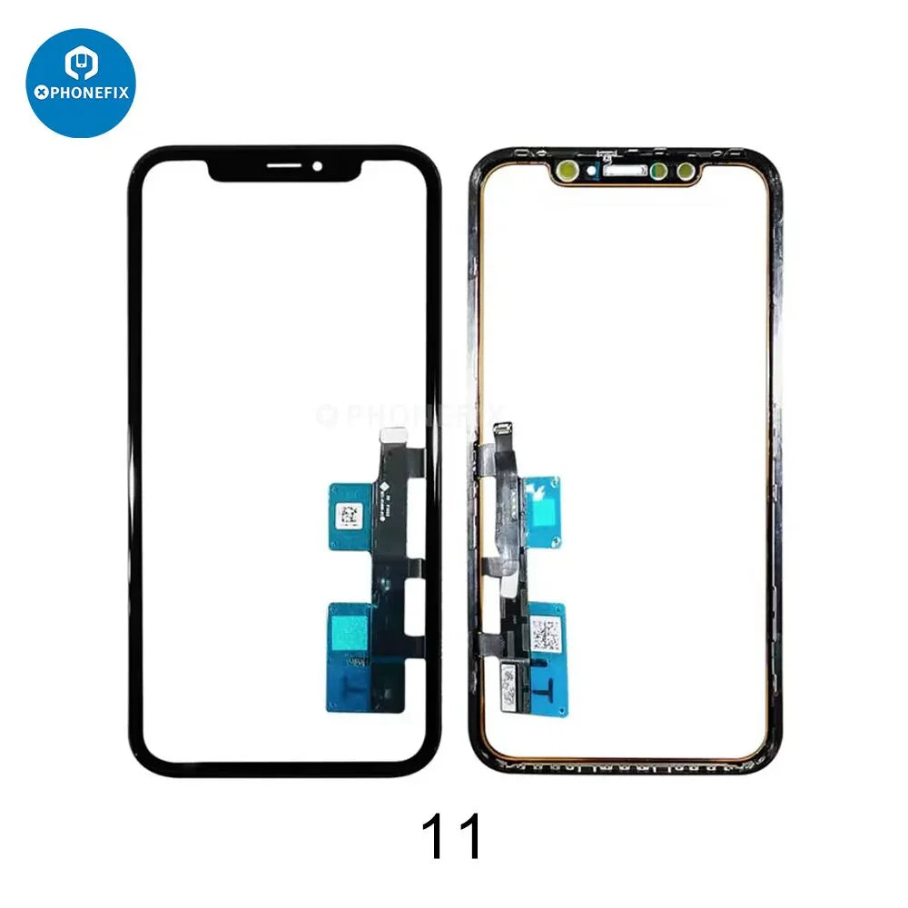 PhoneFIX iPhone X-15 Pro Max touch screen with digitizer flex OCA for replacement, showing the assembled phone screen component.