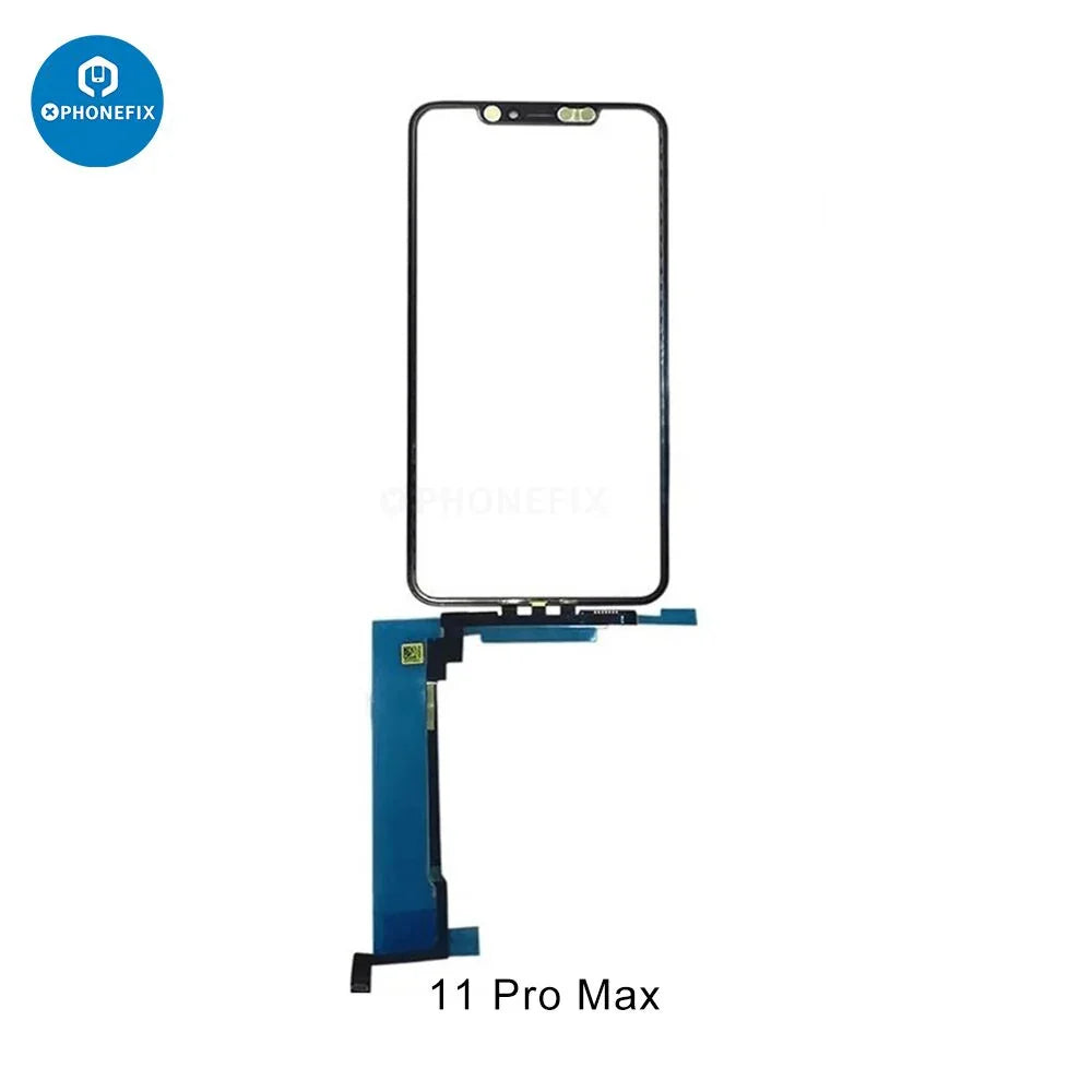 PHONEFIX iPhone X-15 Pro Max touch screen with digitizer flex and OCA for phone screen replacement, showing the assembled display component.
