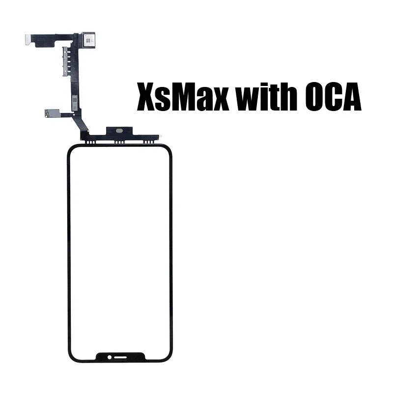 Replacement iPhone X-15 Pro Max touch screen with digitizer flex and OCA from PHONEFIX, showing the assembled phone screen.
