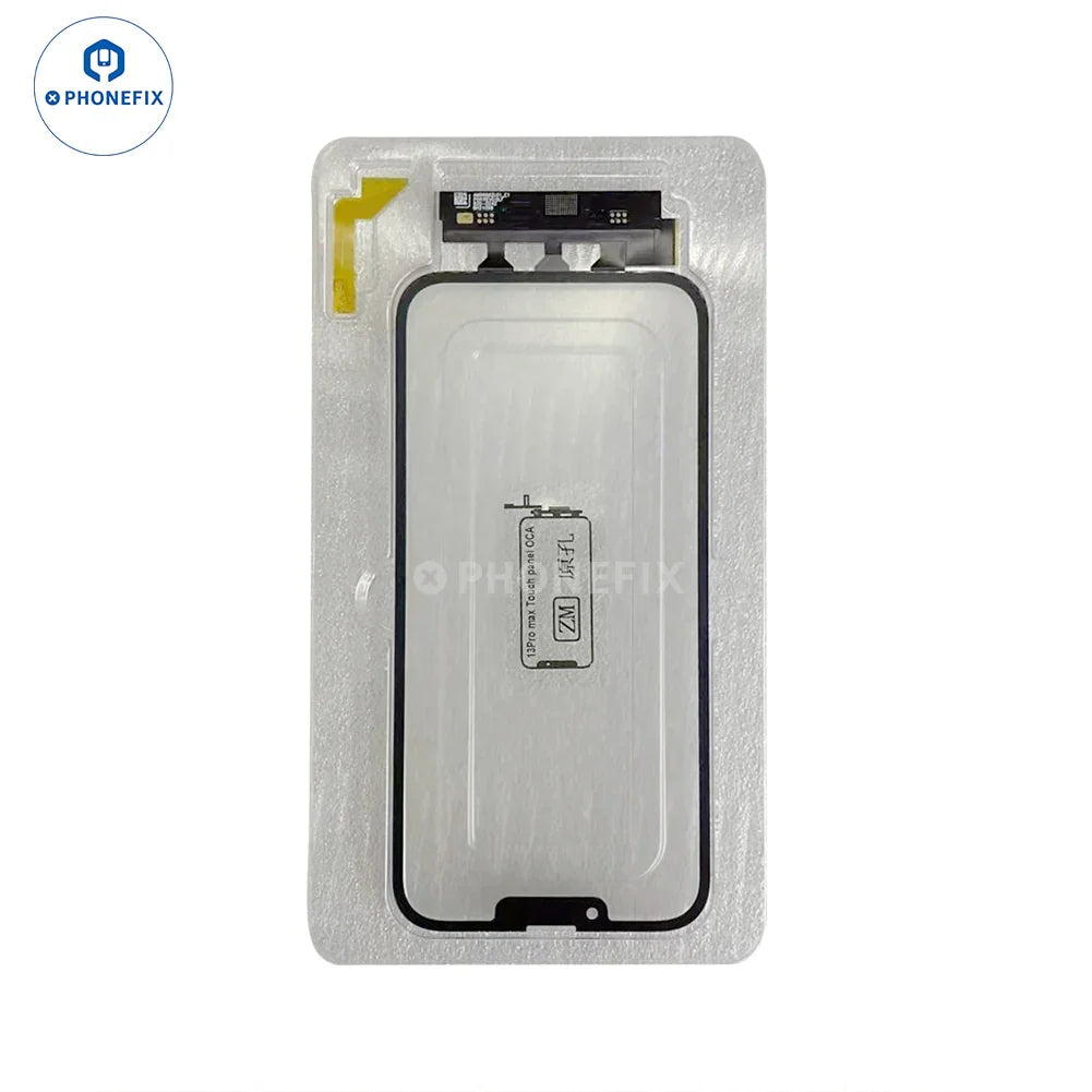 PhoneFIX iPhone X-15 Pro Max touch screen replacement with digitizer flex and OCA, showing the assembled phone screen component.