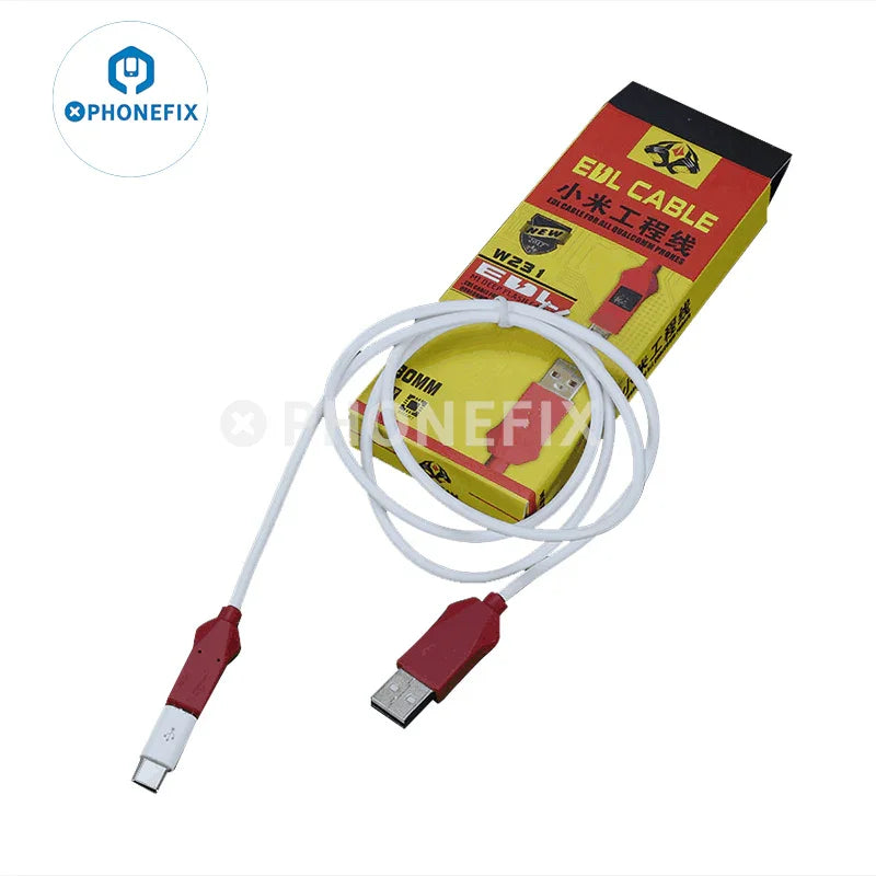 Red EDL Cable Open Port 9008 with BL locks for Qualcomm phones, designed by PHONEFIX for phone unlocking and repair.