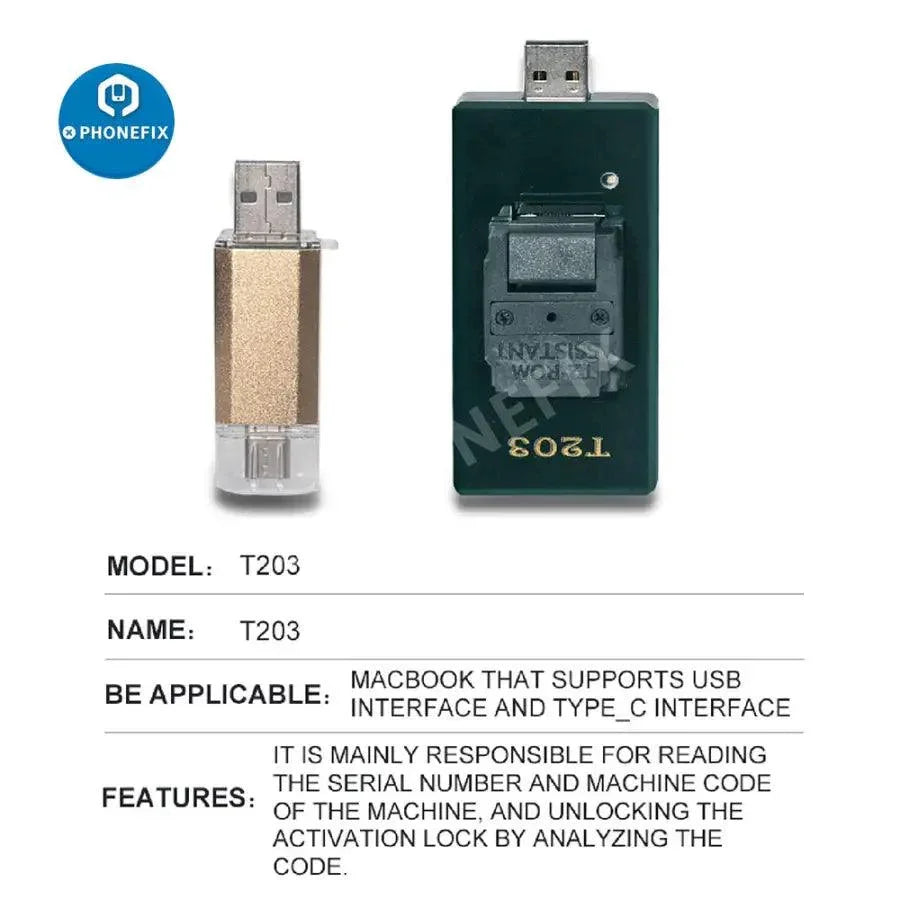 PHONEFIX BY-T203 Data Assistant for MacBook, used for reading backups and repair, shown with phone unlocking tools.