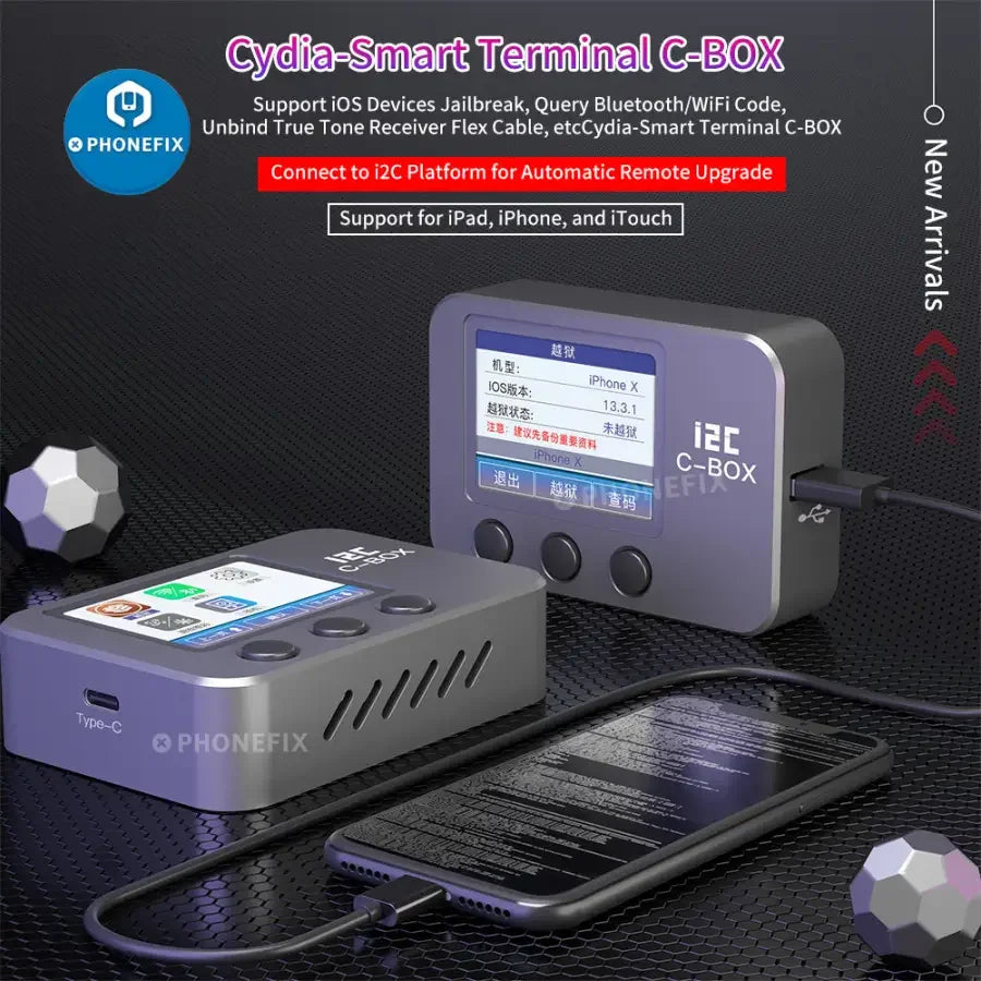 PHONEFIX I2C C-BOX jail break tool for iPhone and iPad, used to bypass ID and iCloud passwords for device unlocking.