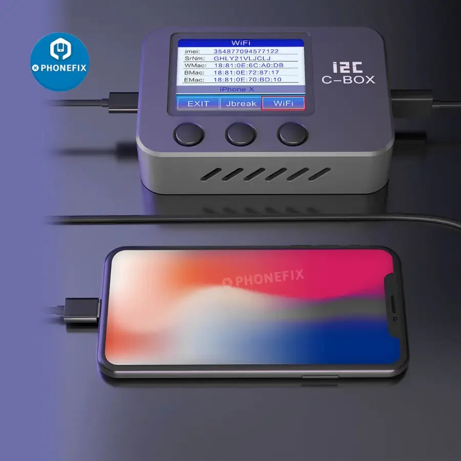 PhoneFix I2C C-BOX Jailbreak Tool for iPhone and iPad, bypasses ID and iCloud password for phone unlocking.