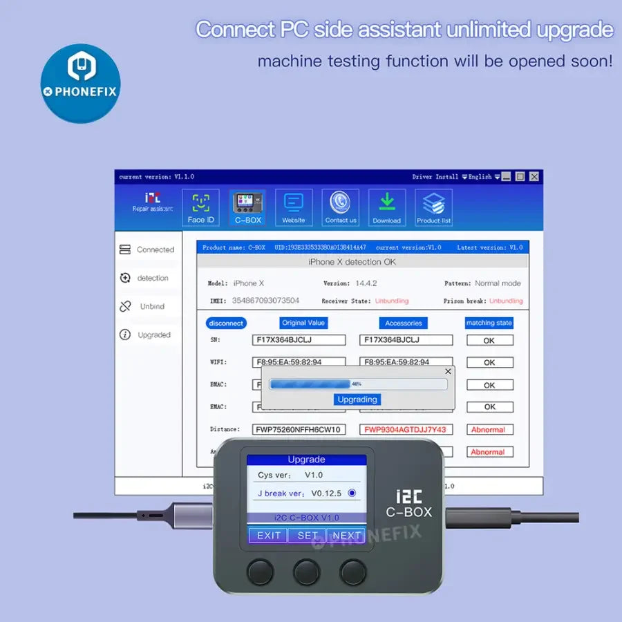 PhoneFix I2C C-BOX Jail Break Tool for iPhone and iPad, used to bypass ID and iCloud passwords for device unlocking.