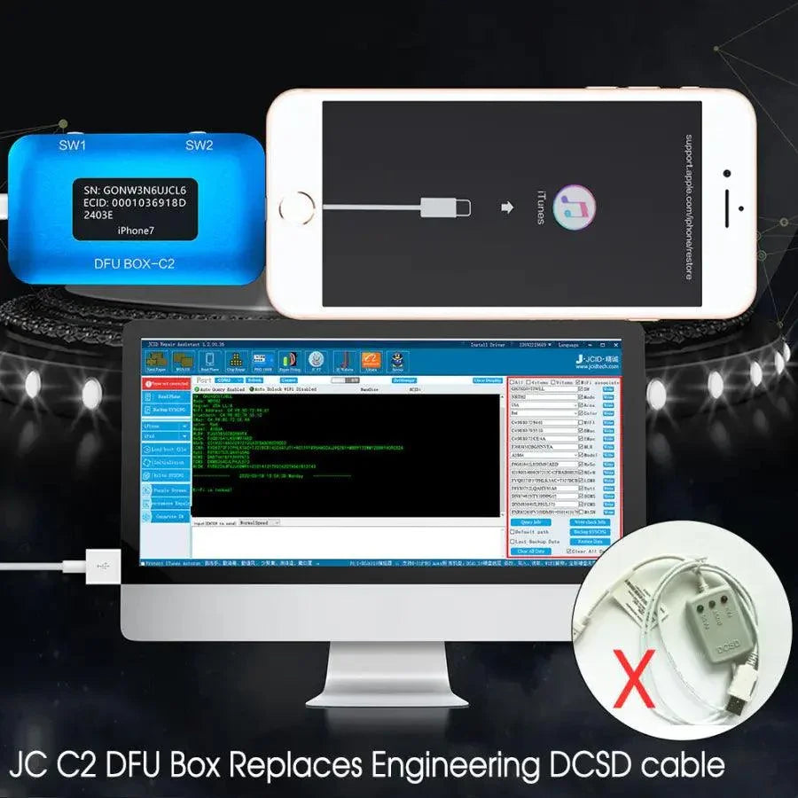 PHONEFIX DCSD Alex Cable for iPhone and iPad serial port, used for DFU mode and phone unlocking tools.