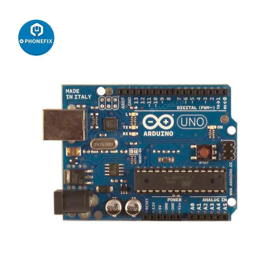 Arduino Uno Rev3 SMD microcontroller development board for phone unlocking tools by PHONEFIX, shown with electronic components and circuitry.