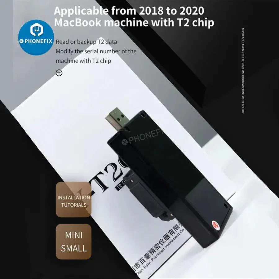 PhoneFix BY-T200 T2 Data Assistant Read Backup Tool for MacBook repair, showing the compact phone unlocking tool in hand.