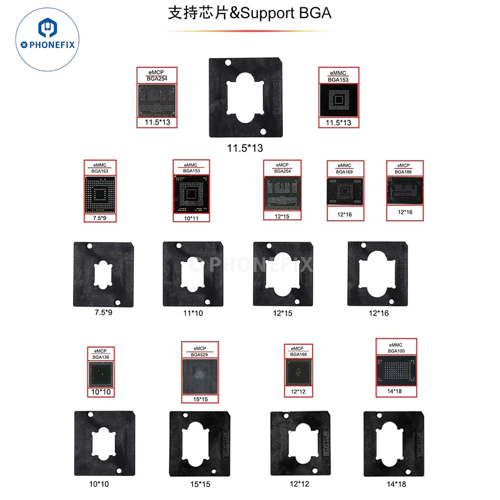 ICFRIEND E-Mate X 13-in-1 BGA socket by PHONEFIX for phone EMMC IC, used as a phone unlocking tool in electronics repair.