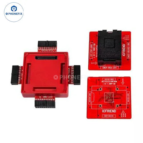 ICFRIEND E-Mate X EMMC 13-in-1 BGA socket for phone EMMC IC, phone unlocking tools, by PHONEFIX, shown on white background.