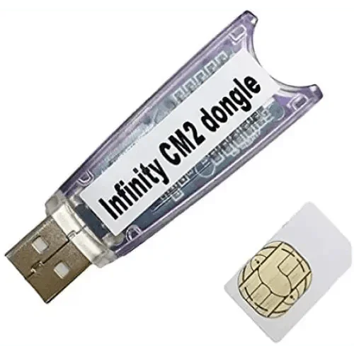 Infinity CM2 BOX dongle by PHONEFIX for GSM and CDMA phone unlocking and removal service, shown with connection ports.