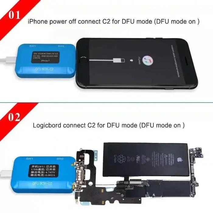 PHONEFIX JC C2 DFU BOX for iPhone and iPad, one-key DFU restore and booting tool for phone unlocking and device recovery.