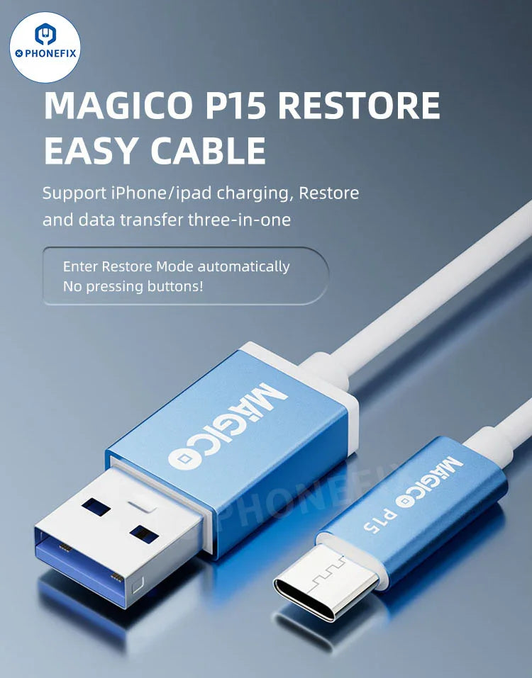 PHONEFIX P15 Magico Restore Easy Cable for iPhone and iPad, DFU tool used for restoring and unlocking Apple devices.
