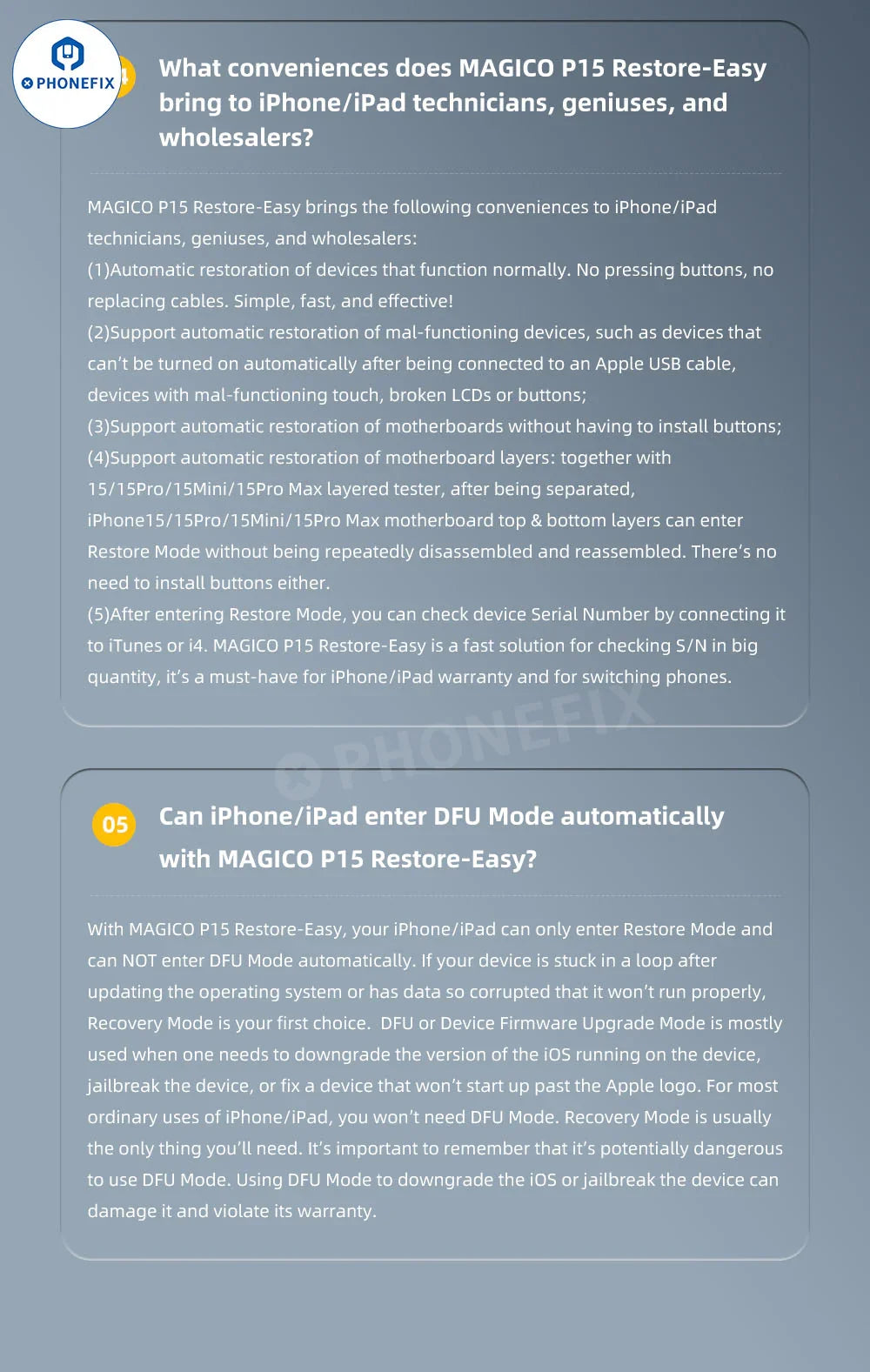 PHONEFIX P15 Magico Restore Easy Cable for iPhone and iPad DFU mode, phone unlocking tool with USB connector.