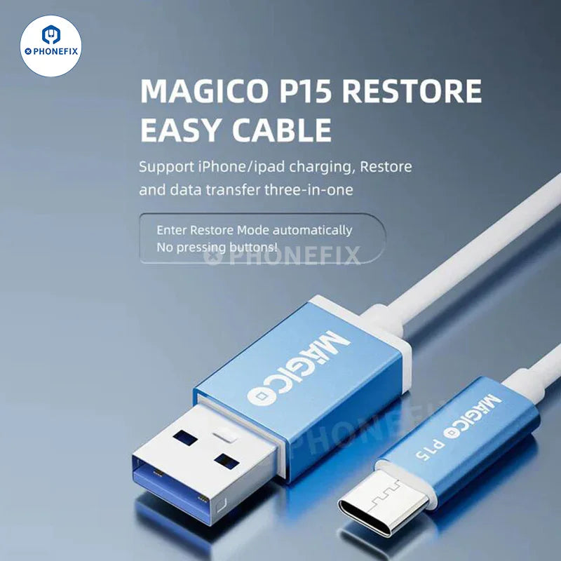 PhoneFIX P15 Magico Restore Easy Cable for iPhone and iPad DFU mode, used for phone unlocking and restore procedures.