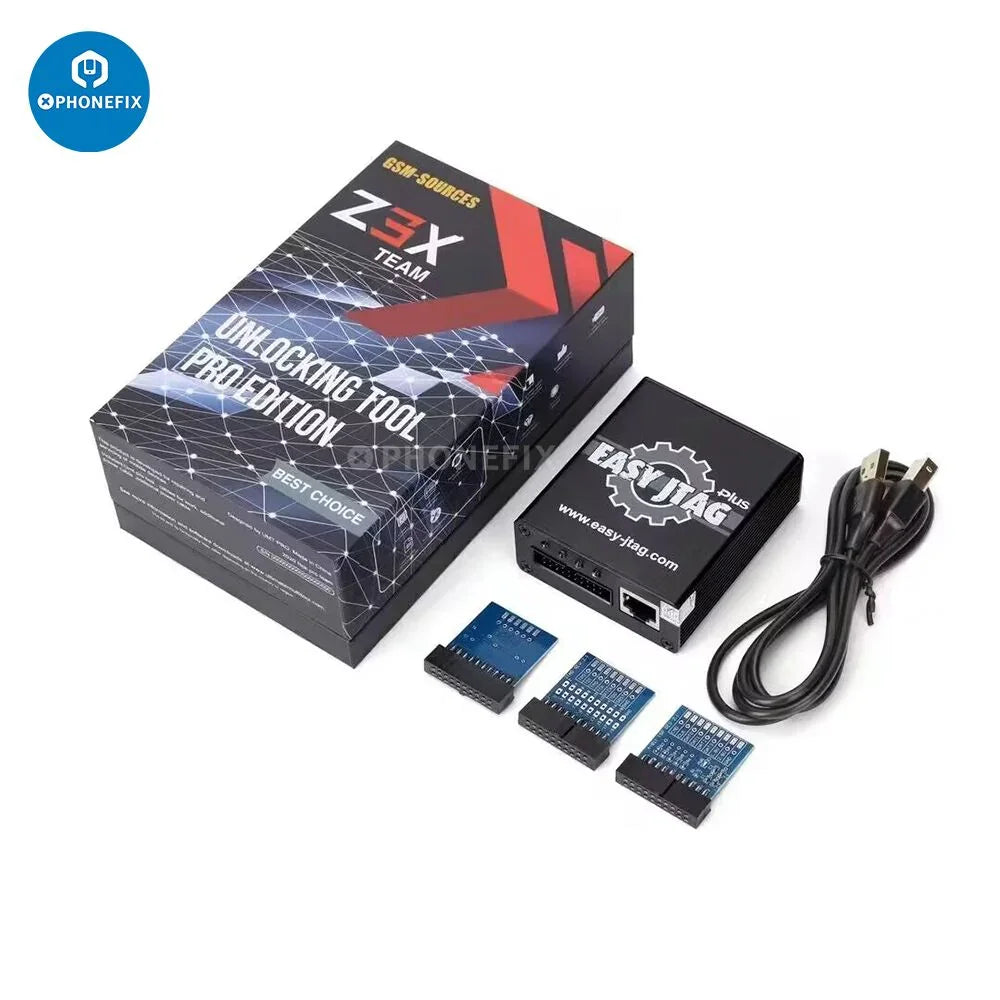 Z3X Easy Jtag Plus Box by PHONEFIX for phone unlocking, featuring ICFriend eMMC 13-in-1 BGA socket and professional repair tools