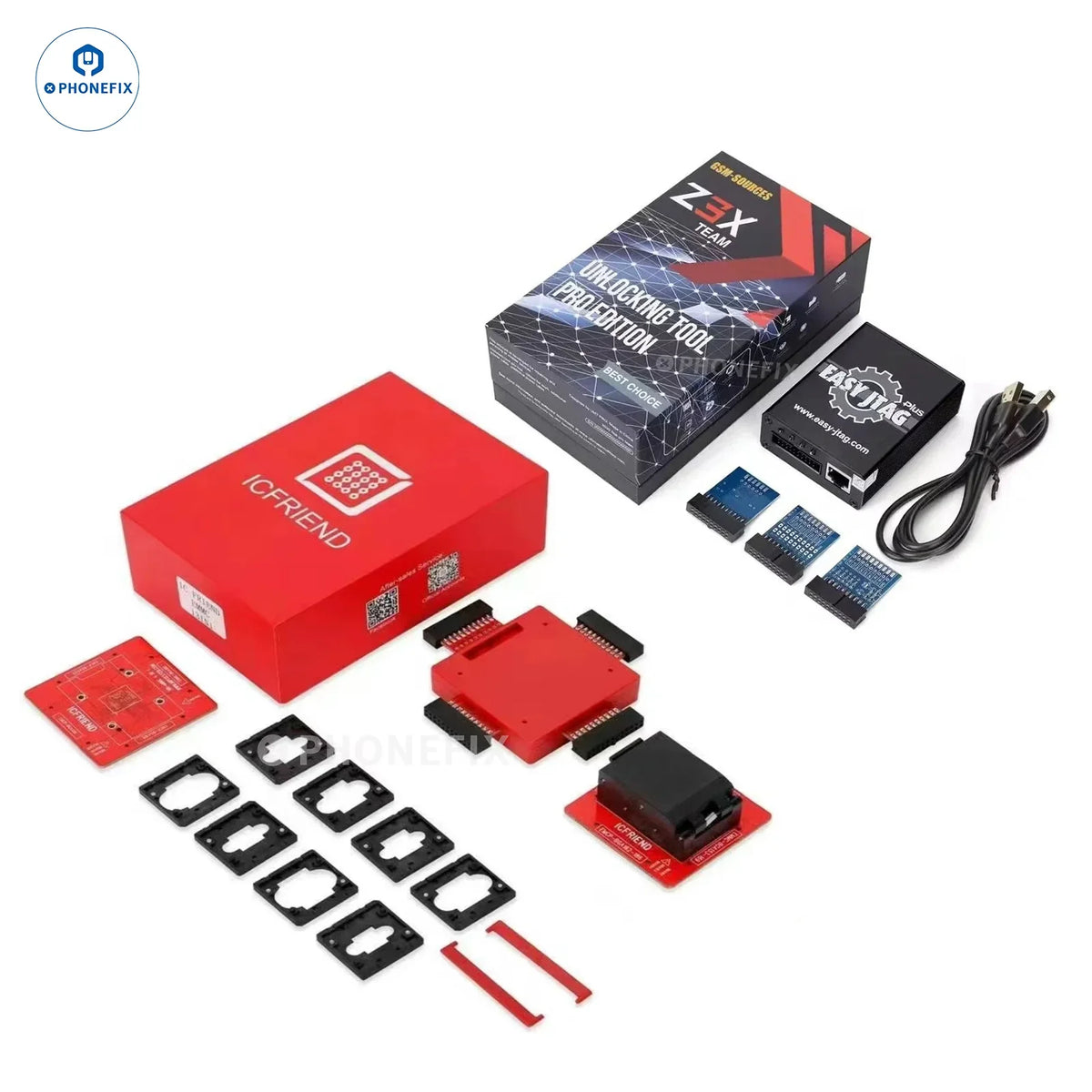 PHONEFIX Z3X Easy Jtag Plus Box with ICFriend eMMC 13-in-1 BGA socket for phone unlocking and repair.