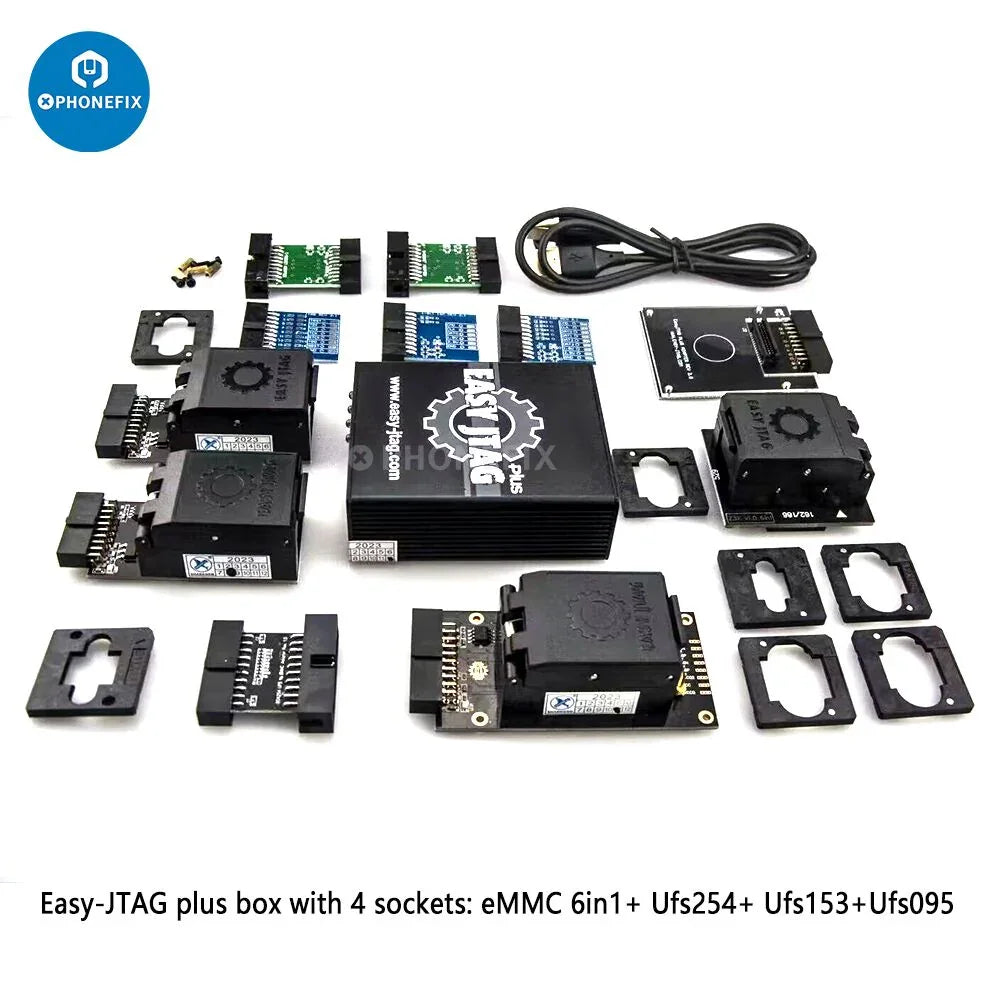 Easy JTAG Plus Box by PHONEFIX with four sockets for EMMC, UFS, BGA254/153/95 chips, used for phone unlocking and repair.