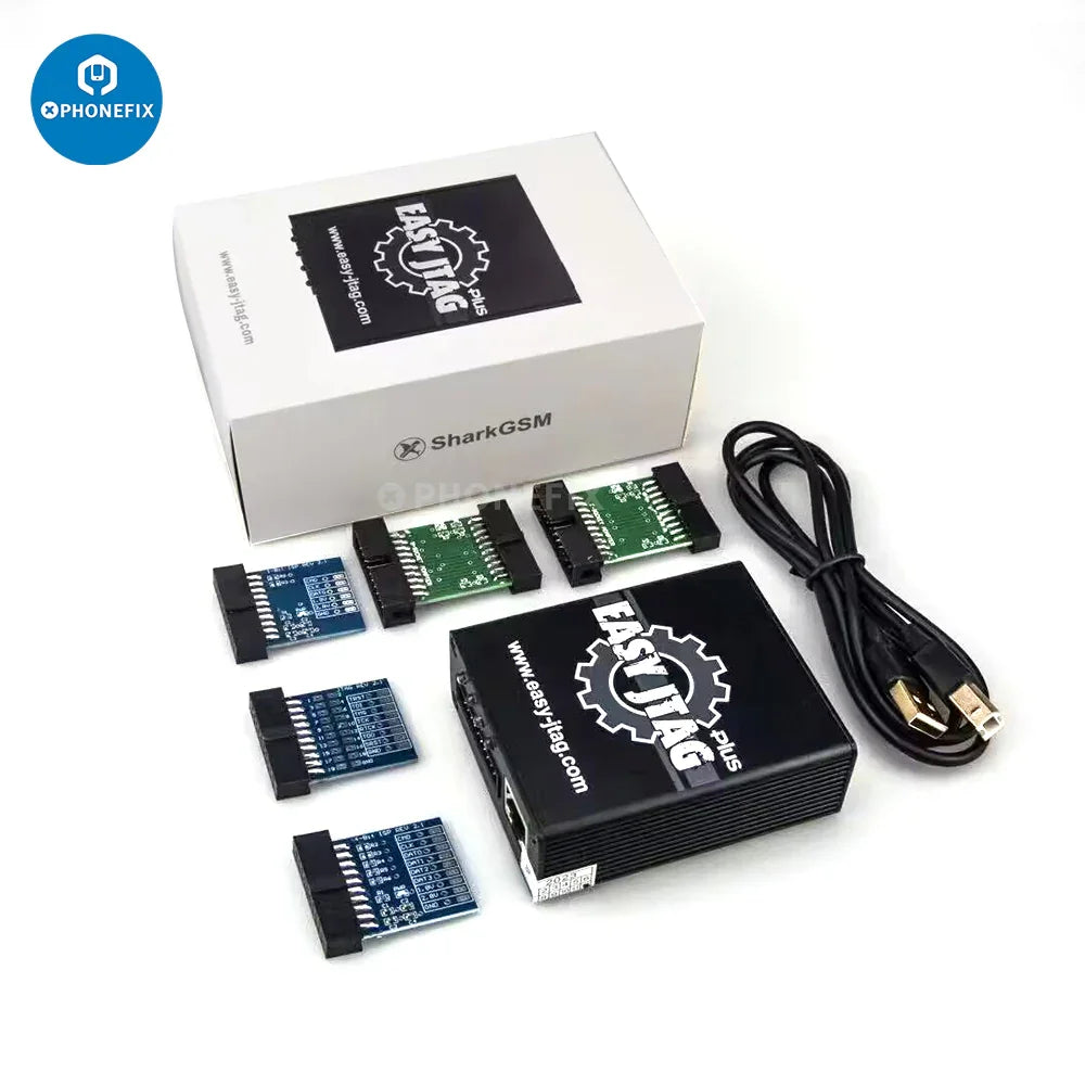 Easy JTAG Plus Box by PHONEFIX for phone unlocking, featuring 6-in-1 EMMC UFS BGA sockets for BGA254, 153, and 95 chips.