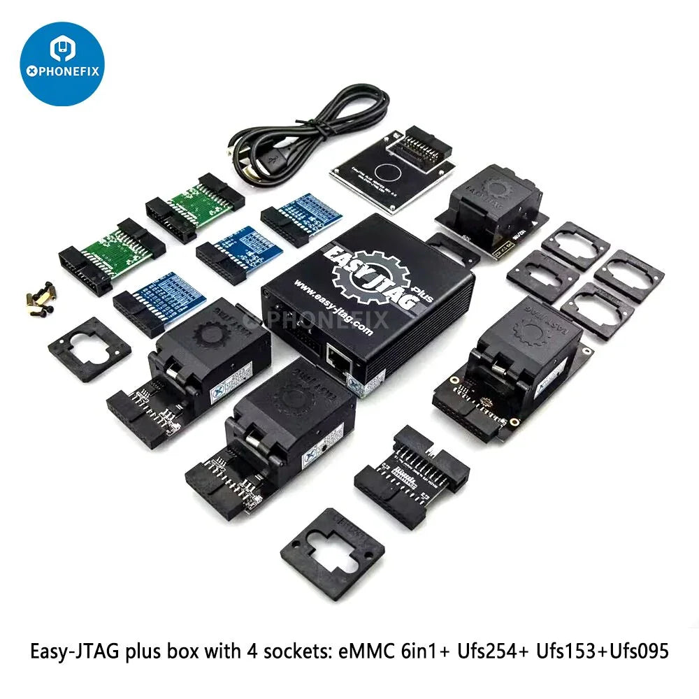 Easy JTAG Plus Box by PHONEFIX with 4 adapters for phone unlocking, supporting EMMC, UFS, BGA254, 153, and 95 sockets.