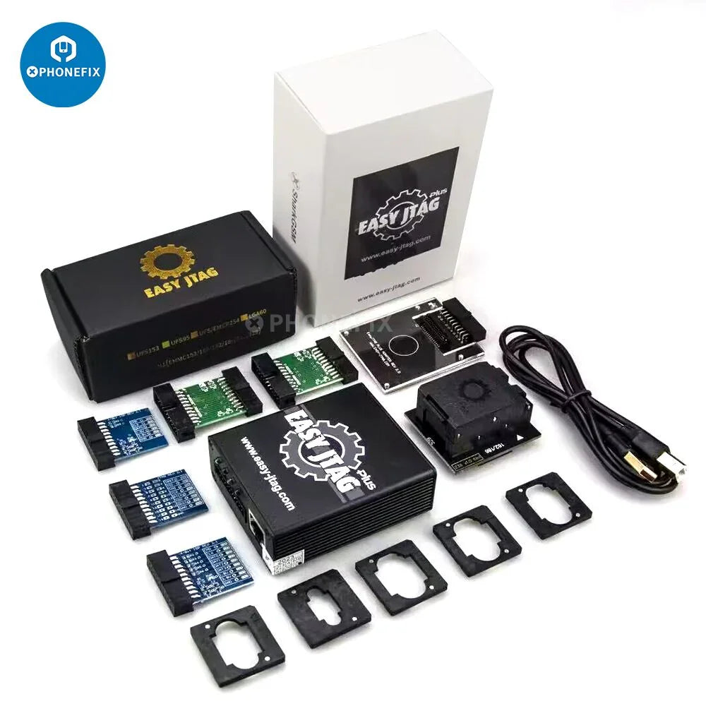 Easy JTAG Plus Box by PHONEFIX with 6-in-1 EMMC UFS BGA socket for phone unlocking and repair tools.