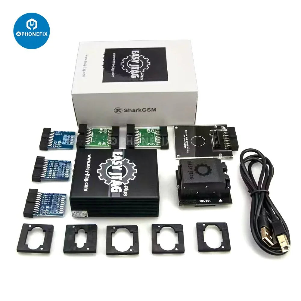 Easy JTAG Plus Box with 6-in-1 EMMC UFS BGA socket for phone unlocking tools, branded PHONEFIX, showing the device and socket connections.