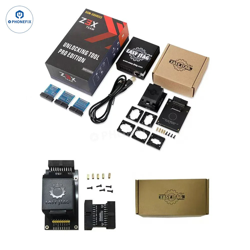 PHONEFIX Easy JTAG Plus box with 6-in-1 EMMC and UFS BGA254/153/95 socket for phone unlocking and repair.